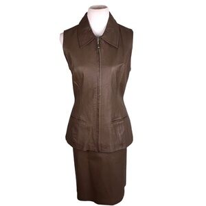 VTG DAVID BENJAMEN Women 2PC Brown Leather Skirt Size 14 & Zip Up Vest Size L